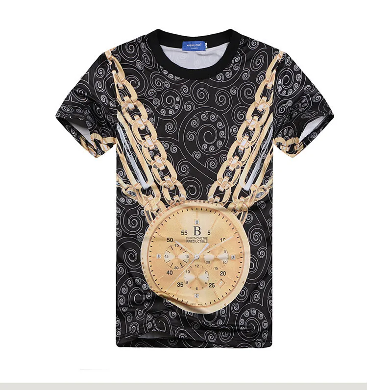 Fashion 3D Print digital clock gold chain t shirt O-neck short sleeve men/women T-shirt harajuku clothes plus size free shipping