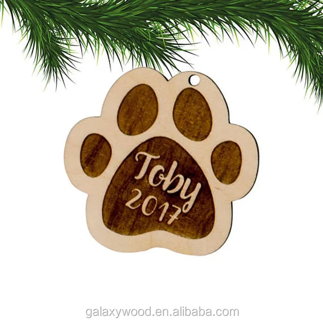 oem supply laser cut paw print pet wood christmas tree ornament