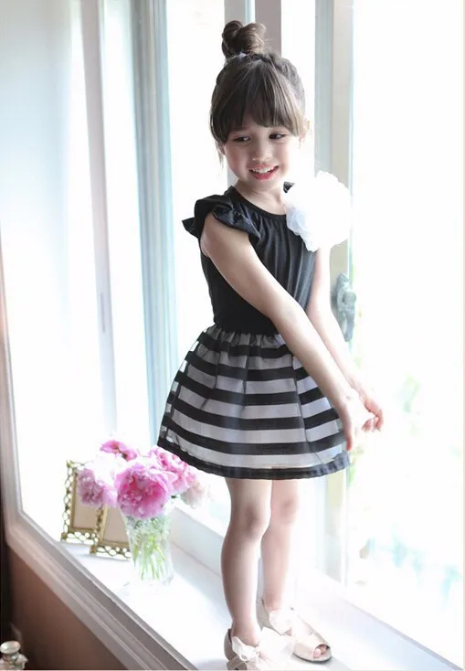2015 summer girls dress girls princess stripe dress 3D flower color cute pageant party wedding costume kids clothing best gift