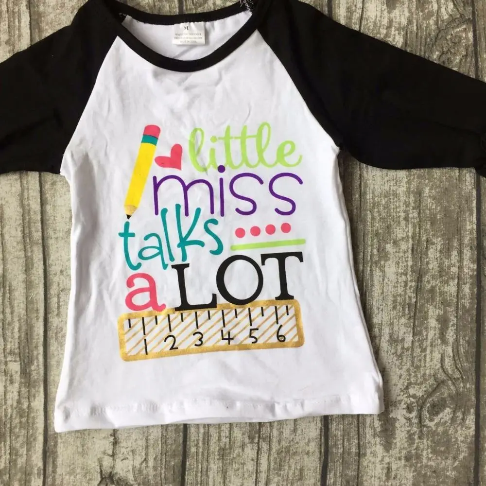 baby girls three quarter icing boutique raglans white black top shirts pencil Ruler crown children clothes back to school cotton