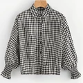 Wholesale Ruffle Style Collar Neck Long Lantern Sleeve Casual Plaid Shirt For Women