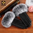 Fashion touch screen fox fur cuff women winter gloves leather