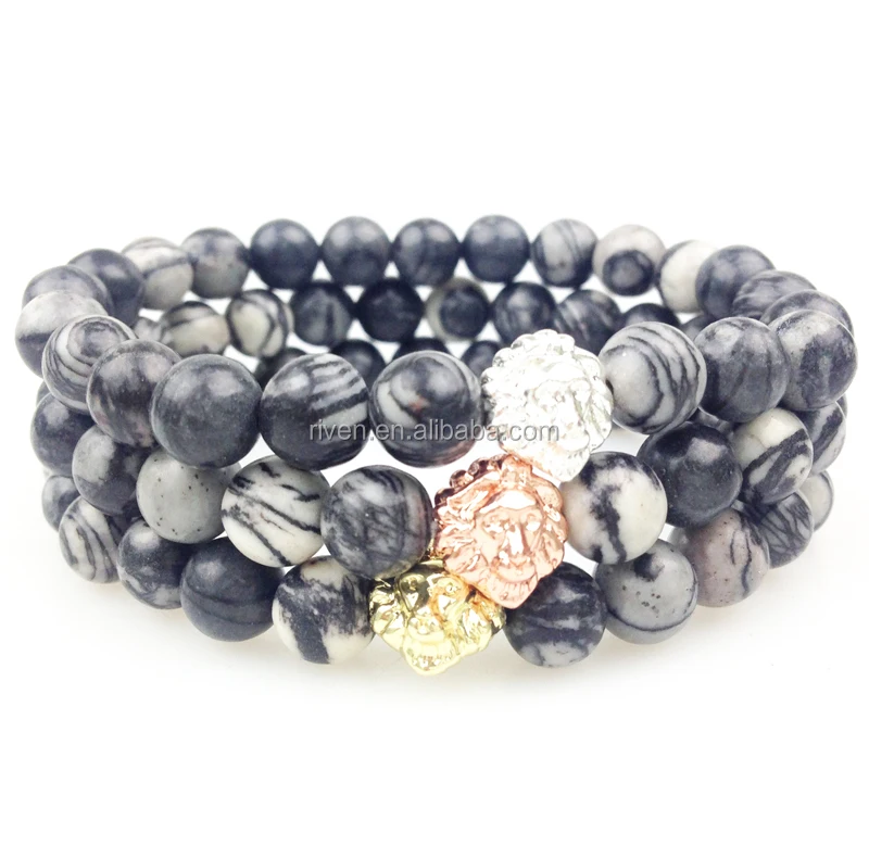 SN0359 Newest Gold Rose Gold Silver Plated Lion Head Bead Bracelet Fashion Grey Jasper Men Bracelet Stone Beaded Stretch Bracelet.JPG