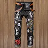 In Stock New American Style black color men skinny tiger embroidered jeans