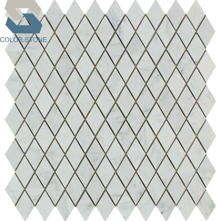 Kitchen backsplash tiles rhombus carrara white marble mosaic pattern