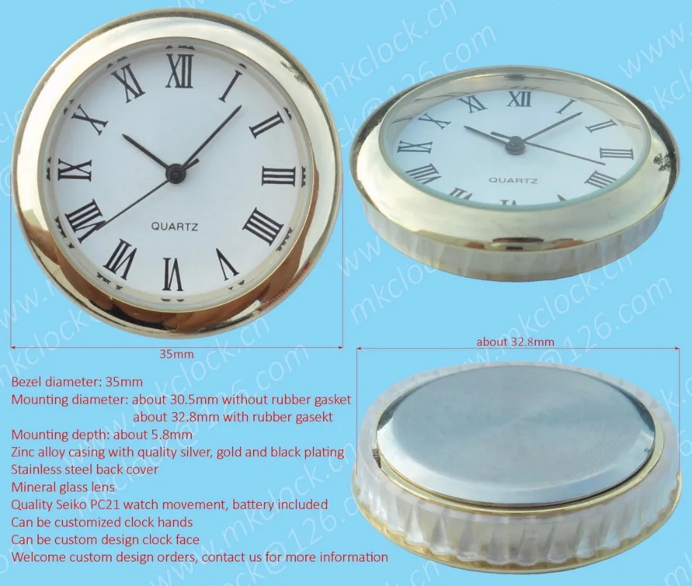 35mm round edge bezel gold plating metal clock insert clock fit ups