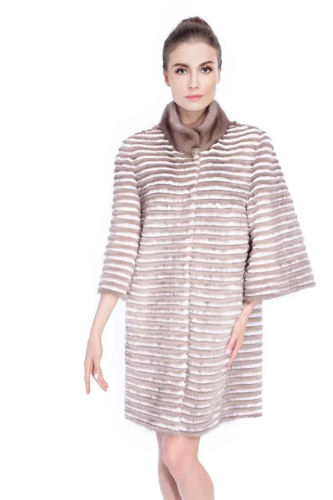 Qiudu Women's Mink Fur Coat With Sheared Rex Rabbit Stripes