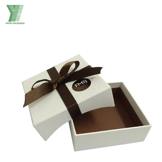 lid white printing brown cotton bowknot ribbon wedding gift box
