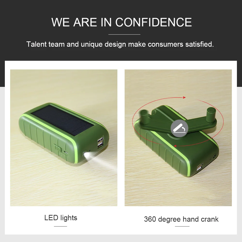 Solar Panel +Hand Crank Dynamo + Power Bank + Emergency Camping Flashlight