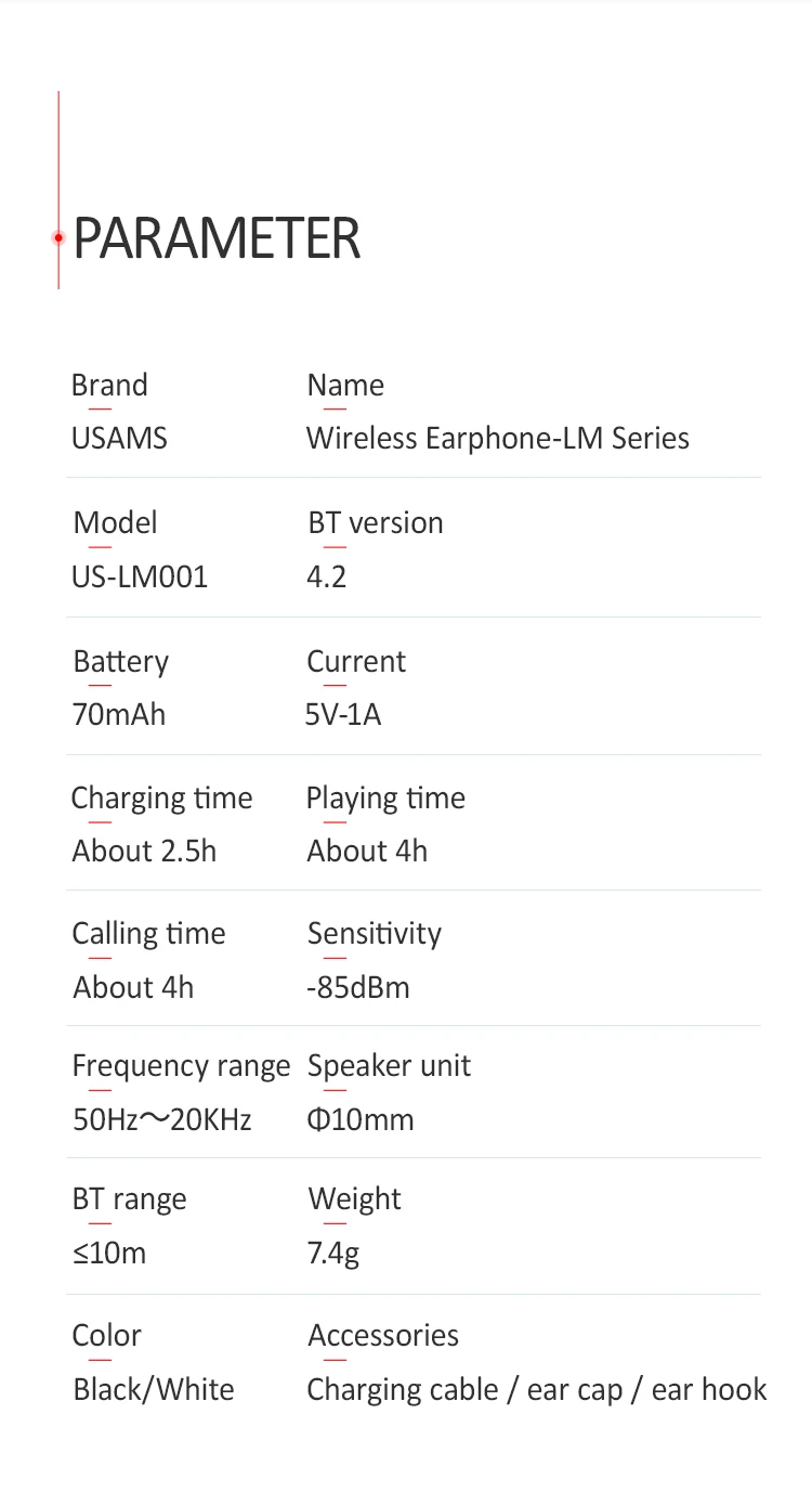 USAMS US-LM001 LM Series Portable Mini Handfree V4.2 70mAh Earphone Wireless Earbuds - ANKUX.COM