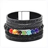 Unisex multi-layer Black Leather magnet buckle bracelet volcanic stone seven chakras natural stone Leather Rope Bracelet