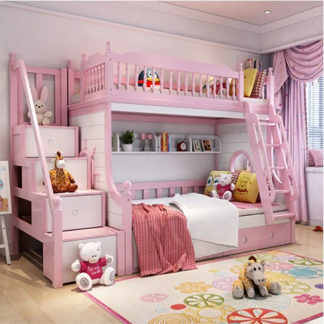 pink and white bunk beds