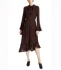 100%Silk Wrinkled Chiffon Ruffle Trim Plaid Pattern Long Sleeve Elegant Midi Layered Dress