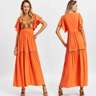 Wholesale Clothing Women Summer V neck Ruffle Short Sleeve Embroidery Red Long Maxi Dress