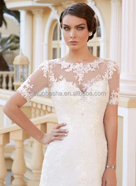 encantador 2015 vestido de boda sirena de encaje con manga corta
