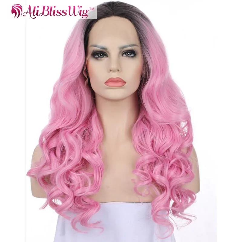 22 Long Wavy Heat Resistant Fiber Hair Dark Roots Two Tone Ombre Pink Middle Part Synthetic Lace Front Wig For Black Women Buy Ombre Pink Synthetic