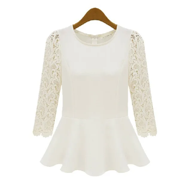 2015 Sale Solid Fashion Broadcloth Cotton O-neck Natural Color Full Blouse Women Tops Spring Long Sleeve Lace Slim Peplum Top