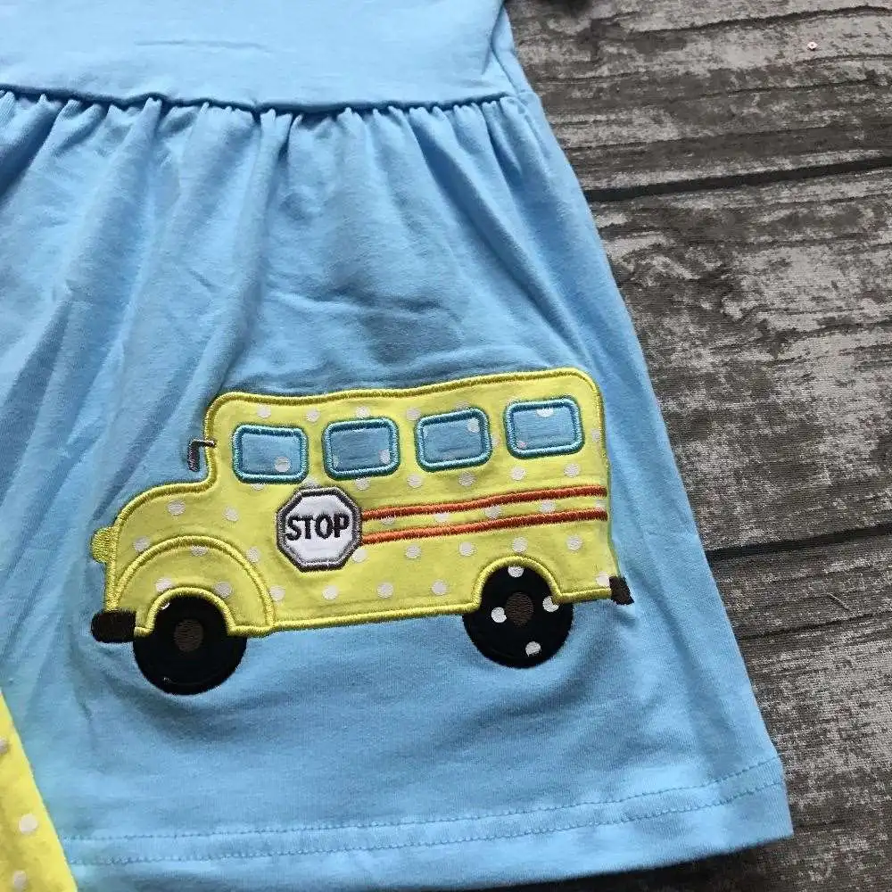 Back to school 3-8years old girls outfit clothes school bus clothing aqua yellow ruffles cotton capris with matching accessories