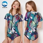 Short Sleeve Print One Piece Rash Guard Swimsuit Women's Mix Flower Color swimwear