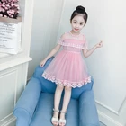 Fancy boutique birthday solid color off-shoulder lace kid girl party dress