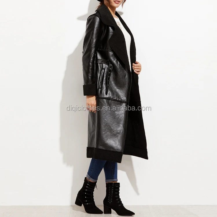 2017 toptan yüksek avrupa moda bayanlar kışlık mont, Siyah uzun Toka Kayış Ön Suni Deri Shearlıng Coat