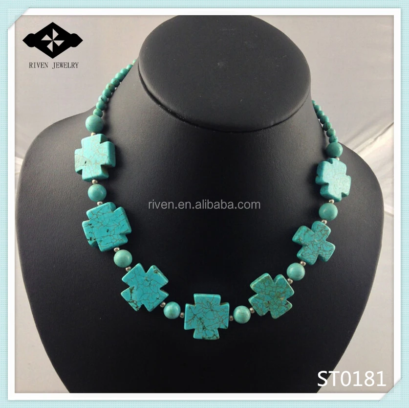 ST0181 Newest Beadwork Natural Turquoise Cross Necklace Women Statement necklaces.jpg