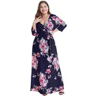 Wholesale flower navy sexy casual deep v women three quarter wrap dres plus size maxi dress