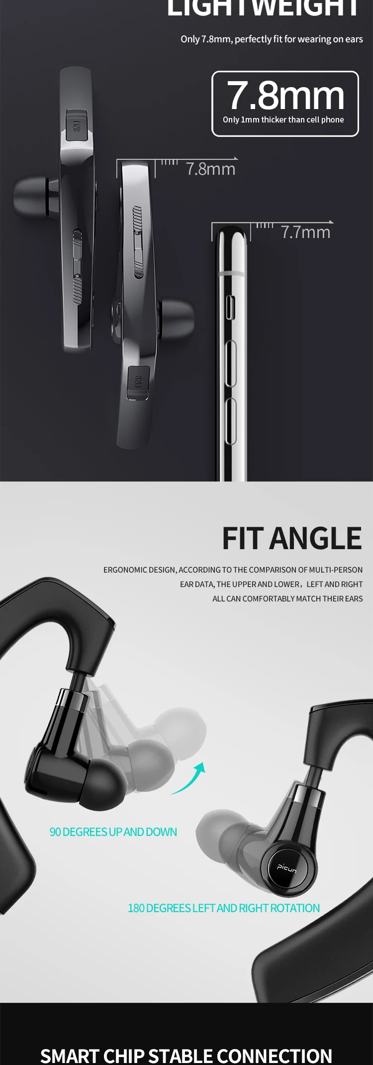 Picun W3 TWS 5.0 Mobile Phone Handfree IPX6 Waterproof Sport Wireless Bluetooth Earhook Earphone - ANKUX.COM
