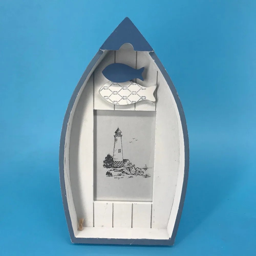 Темно-синий/белый дерево Лодка Форма с трафарет «рыбка» Семья фоторамка