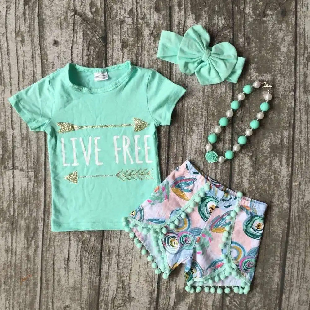 baby Girls Summer clothes girls children LIVE FREE girl outfits kids arrow outfits mint top with shorts with accessories
