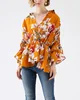 Orange beautiful trendy asymmetrical drawstring bubble sleeves elastic waist floral blouse women tops