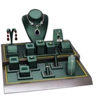 Luxury Customized Green PU Leather Wooden Ring Chain Display Holder Jewelry Display Stand Sets For Store
