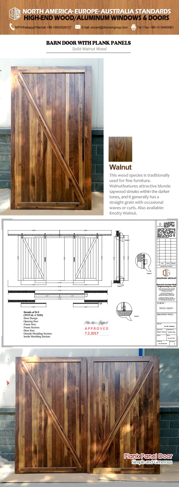 2018 latest design wooden interior room barn door made of black walnut wood form factory