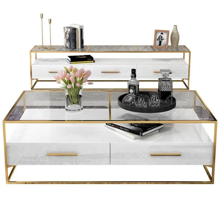 Stainless Steel Frame Glass Top Storage Drawers Living Room Center