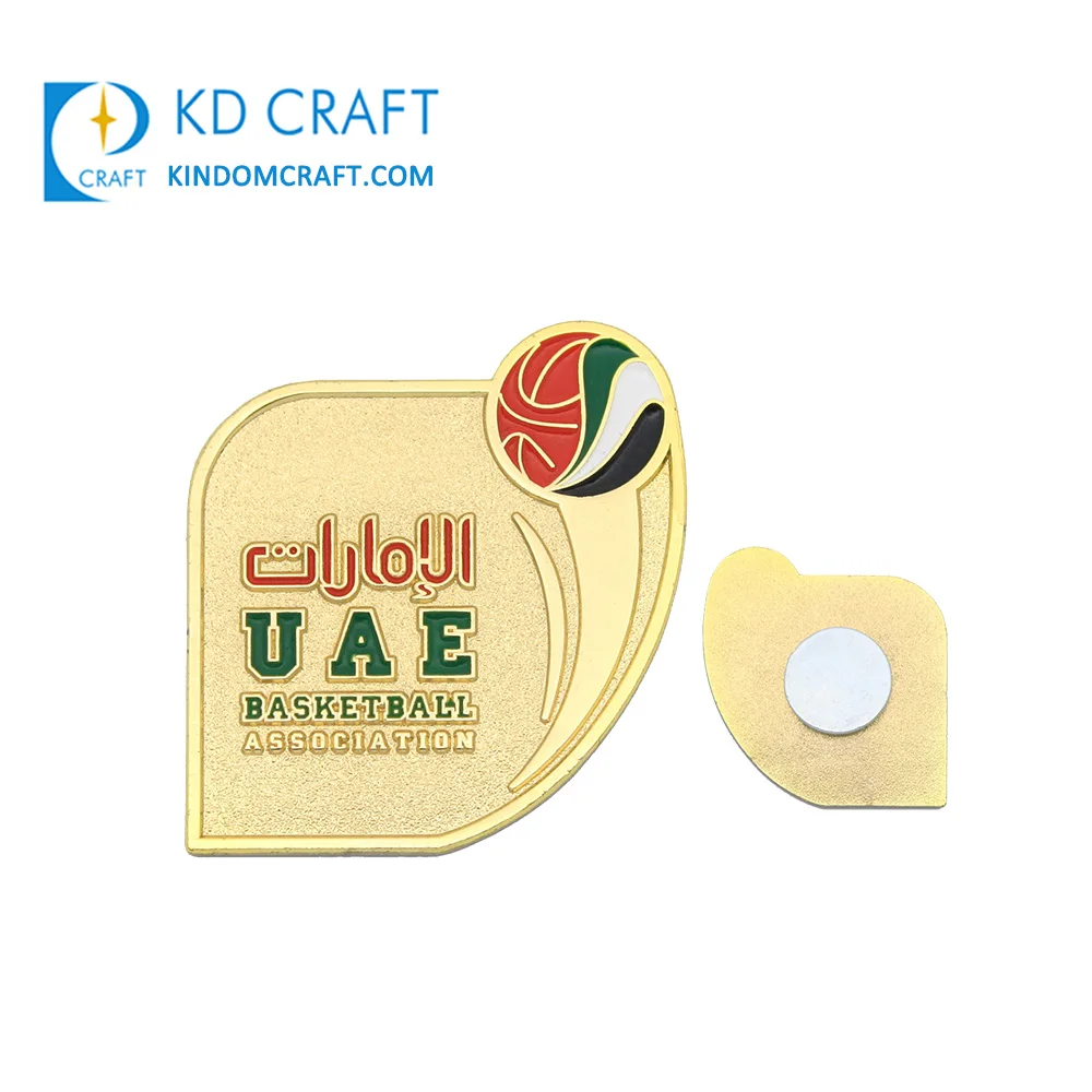 Unique design custom metal enamel gold plating sport basketball uae dubai badge with magnetic back