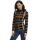 2019 women grid printed mesh turtle neck long sleeves tunic t-shirt