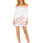 Write linen off shoulder short ladies embroidery dress