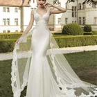 Fashion lace appliqued satin skinny mermaid wedding dress bridal gown