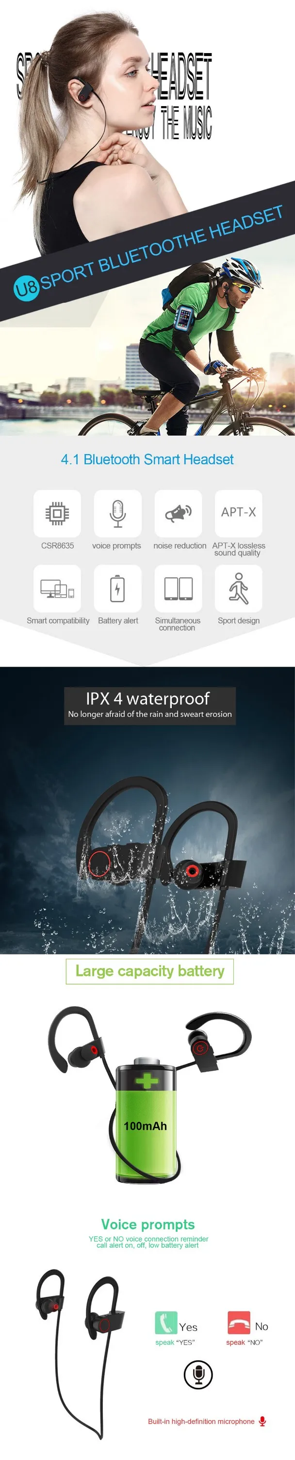 Waterproof Wireless Headphones Noise Cancelling Wireless Earphones For Sports Earbuds With Mic - ANKUX.COM