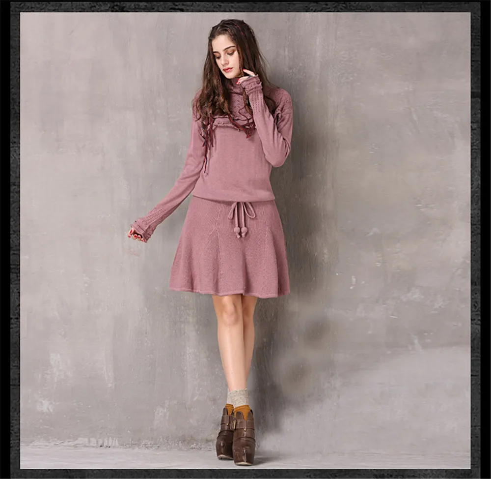 Vintage Knitted Winter Dress For Women 2017 New Cotton Wool Vestidos Turtleneck Ruffles String Waist A-line Women Dresses (11)