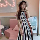 Ladies Summer Sleeveless Vertical Stripe Skirt Sweater Knit Wear Casual Long Dress