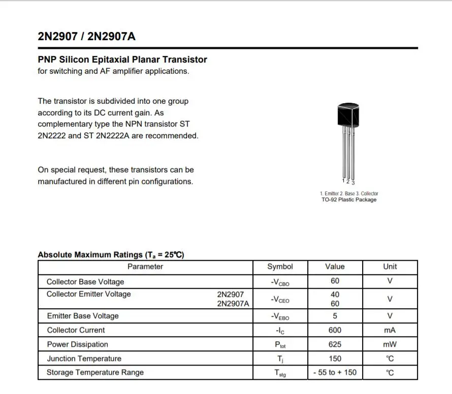 bipolar junction transistor mps2907a to-92-3 600ma/60v bjt dip
