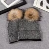 h100 knitted hat lady winter fur pom pom beanie hats rhinestones hats