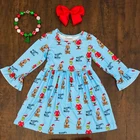 3/4 Lotus Sleeve Christmas Sky Blue Girls Frock Designs Dress Santa Claus Printing Boutique Infant Baby Dresses