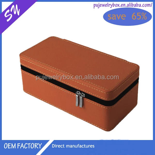 personalized 3 slots pu/pvc leather zipper watch travel box for