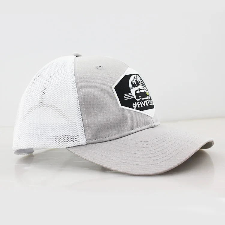 low profile trucker snapback hat with leather patch, mesh trucker cap