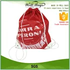 custom polyester 190T 210D red white nylon waterproof shoe drawstring cord bag with white triangle PU leather