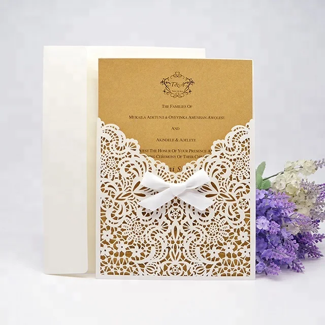 hot laser cut white pocket design wedding invitation card