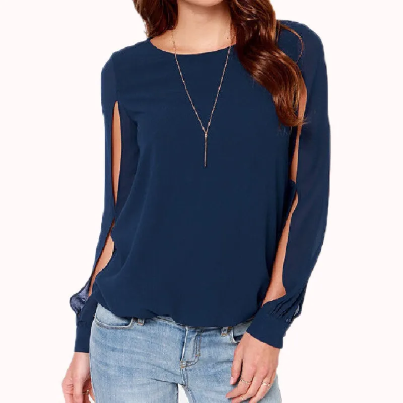 Women Blouses Button Solid 2014 Women Blouse Summer Chiffon Blouse Hollow Out Sexy Long Sleeve Women Shirt Blouses Women's Tops