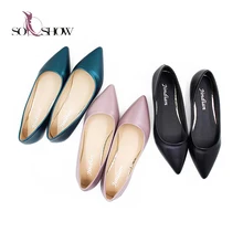 Bright Color Autumn PU Point Toe Black Fancy Flat Shoes 2018 , Ladies Flat Shoes